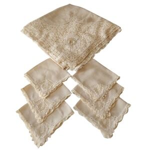 Vintage Irish Battenberg Lace Tablecloth and Six Napkins Set Cotton 56x59 Inches